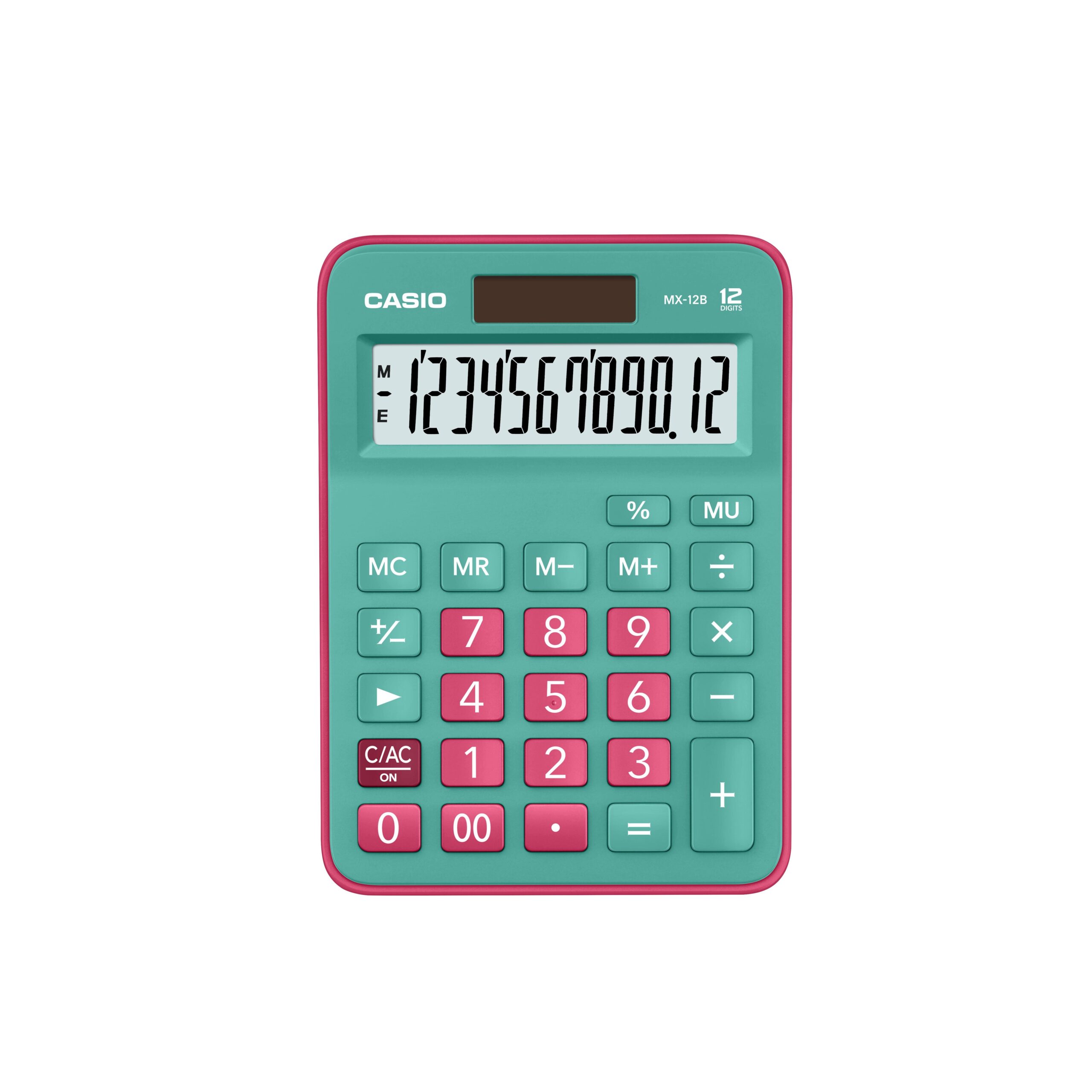 Calculadora Casio de mesa multicolor verde y rojo – Modelo MX-12B-GNRD