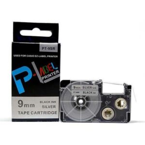 Cinta Casio XR-9-SR negro sobre plateado de 9 mm