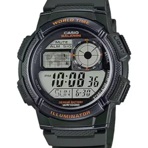 Reloj casio digital world time negro con detalles naranja AE-1000W-3AV