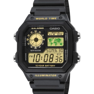 Reloj casio digital world time negro con detalles dorados AE-1200WH-1BV