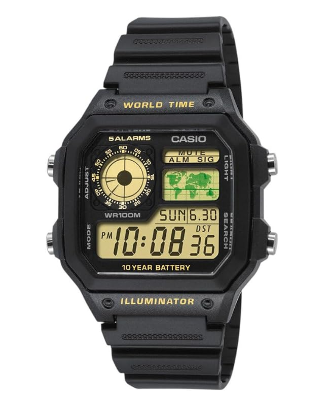 Reloj casio digital world time negro con detalles dorados AE-1200WH-1BV