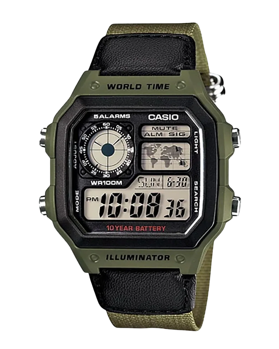 Reloj casio digital world time verde militar AE-1200WHB-3BV