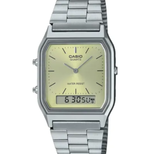 Reloj Casio Aq-230a-3a Análogo Digital Plateado Retro Fondo Verde Musgo